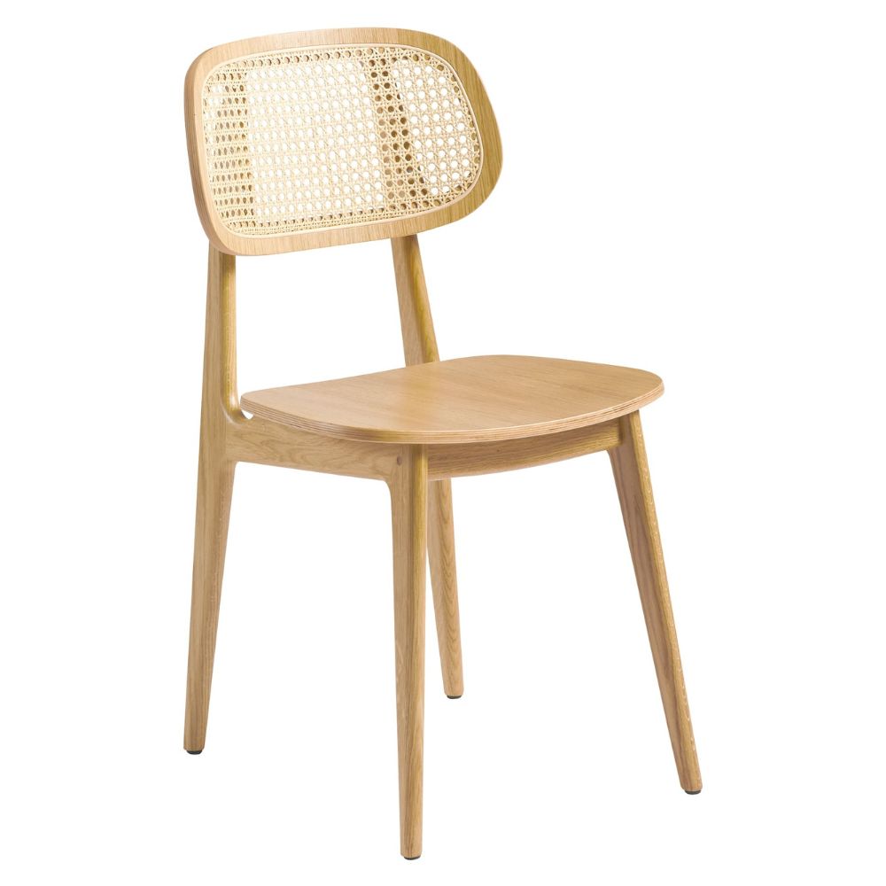Wooden chair with wicker backrest on a white background - angle view