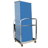 Metal trolley with a stack of blue Gopak folding tables on a white background