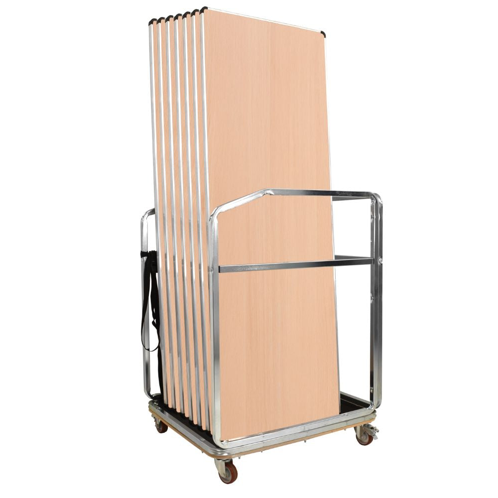 Metal cart with folded tables on a white background