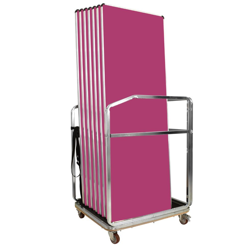 Metal trolley with pink folding tables on a white background