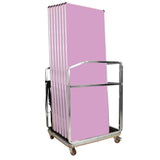 Cart with stack of lilac folding tables on a white background