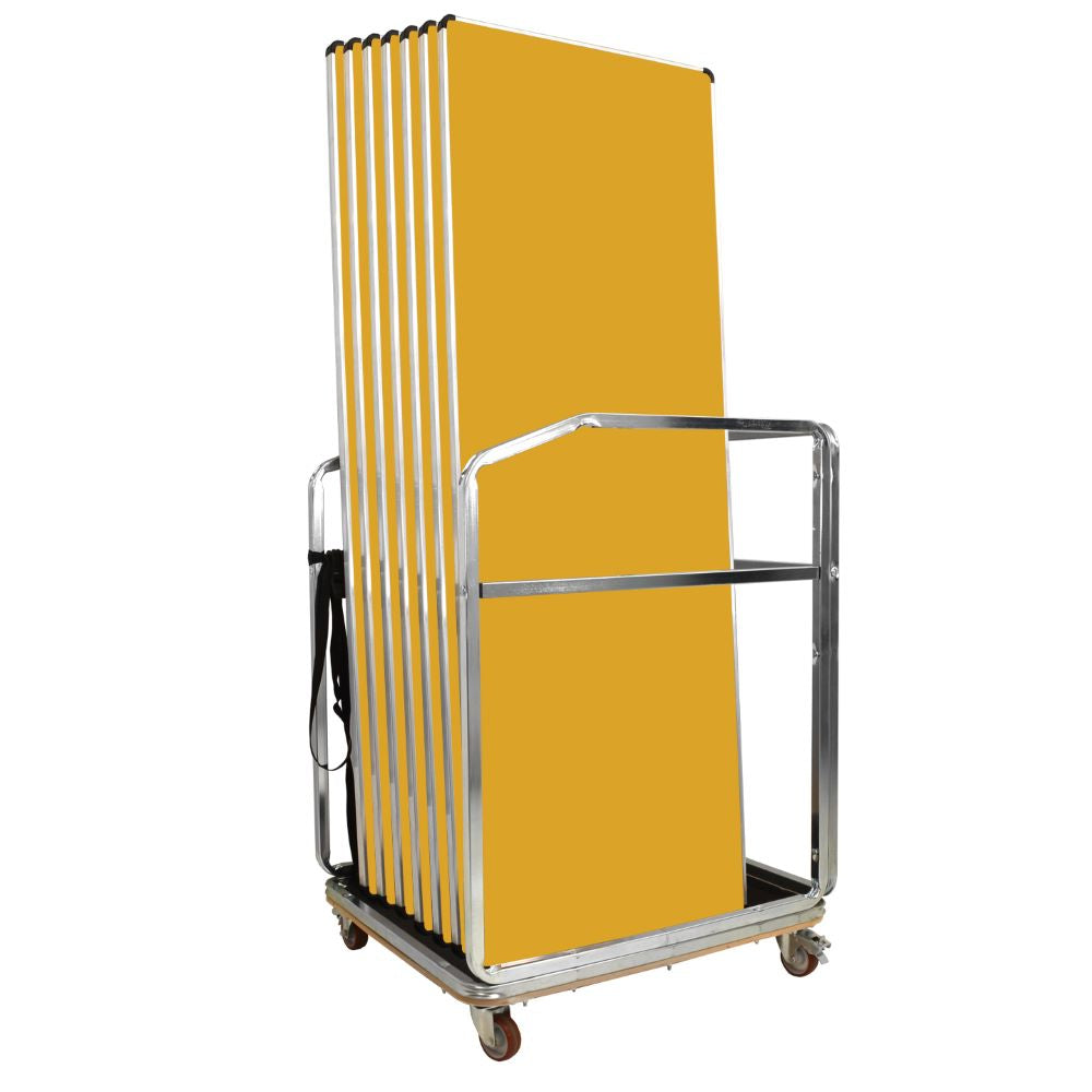 Stack of yellow folding tables on a metal trolley against aa white background