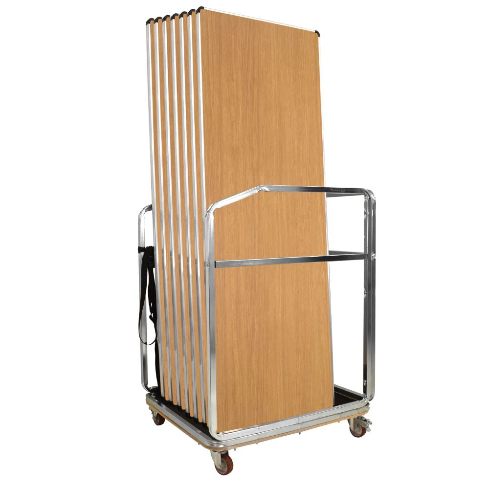Metal trolley with wooden folding tables on a white background