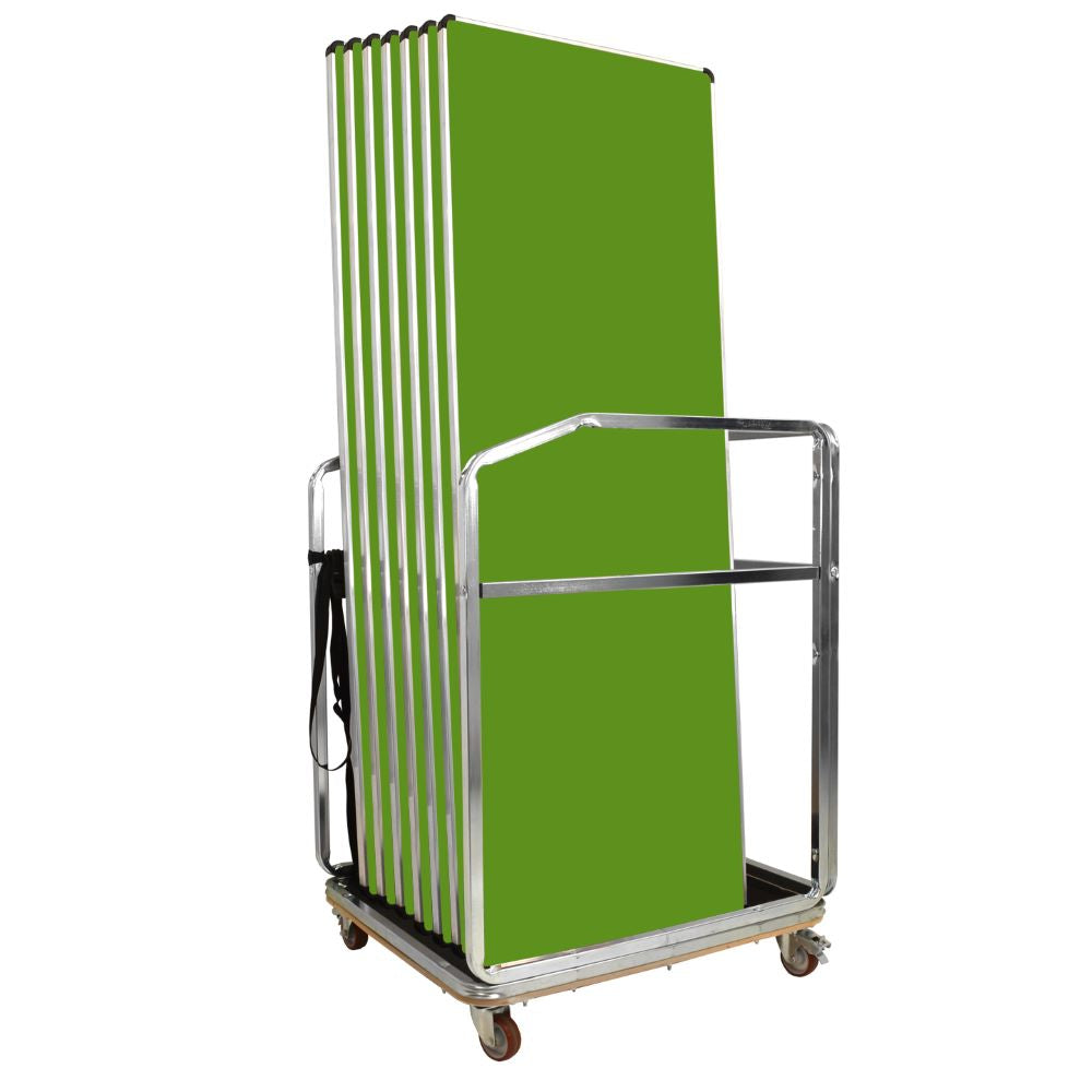 Stack of green folding tables on a metal cart with wheels against a white background