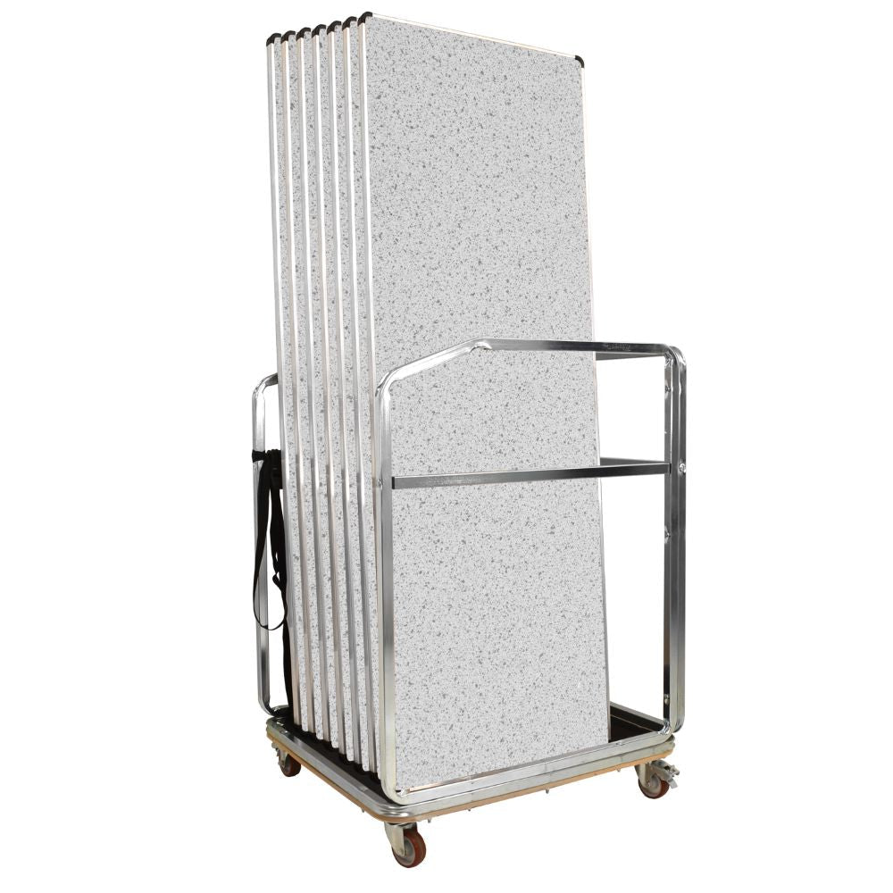 Metal trolley with stacked grey folding tables on a white background