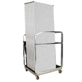 Metal trolley with stacked grey folding tables on a white background