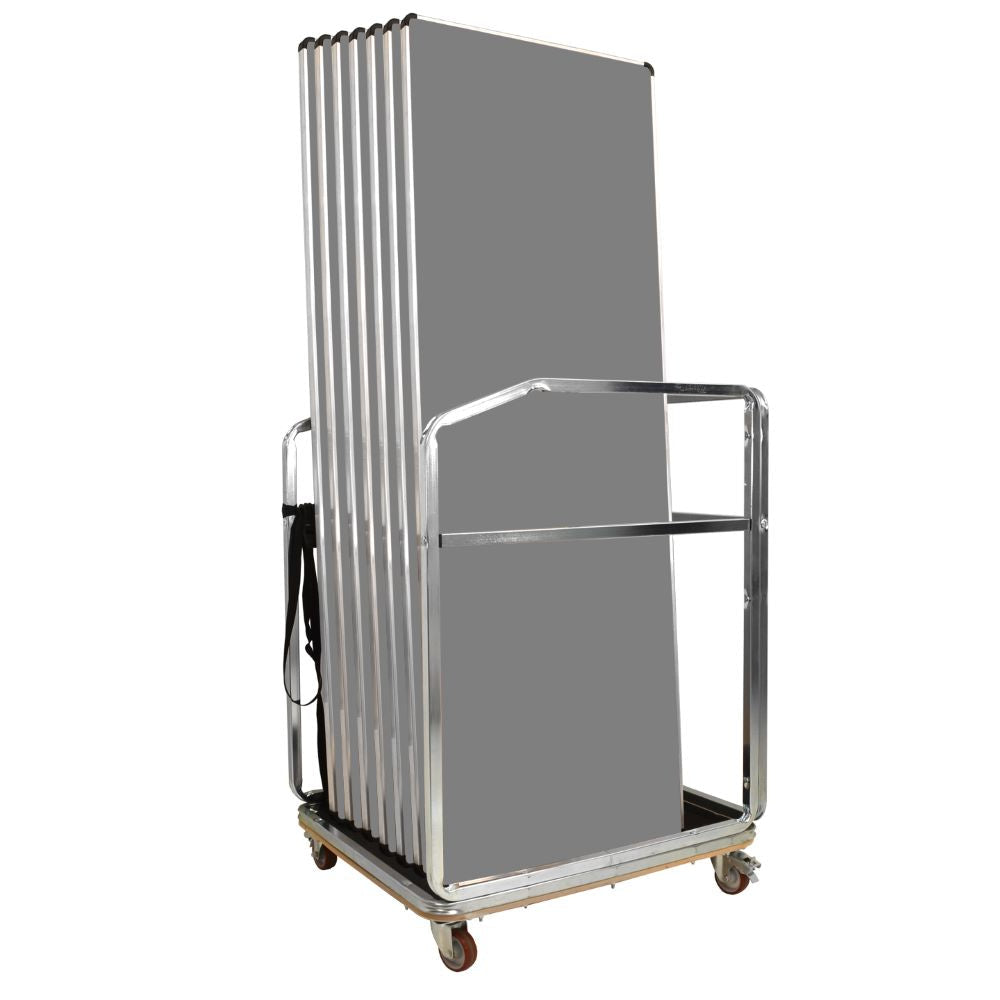 Metal trolley with grey folding tables folded flat for storage on a white background