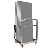Metal trolley with grey folding tables folded flat for storage on a white background