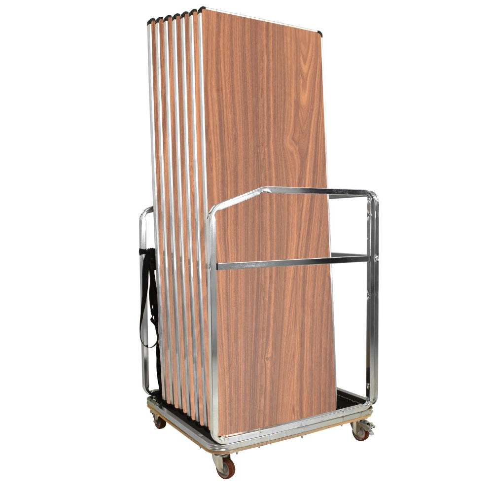 Wooden folding tables on a metal storage trolley with wheels on a white background