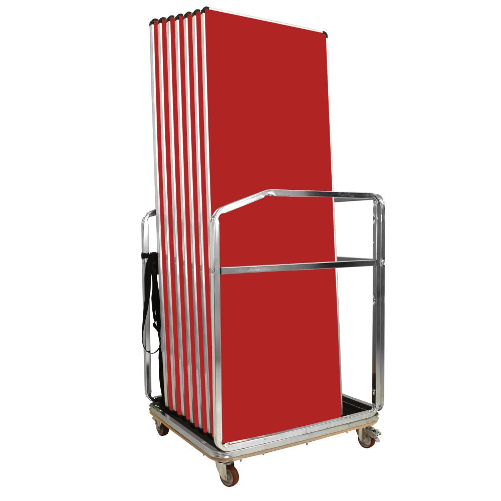 Red folding tables folded flat on a storage trolley on a white background