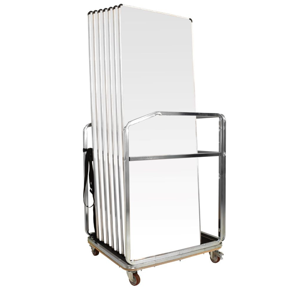 Metal trolley with white folding tables on a white background
