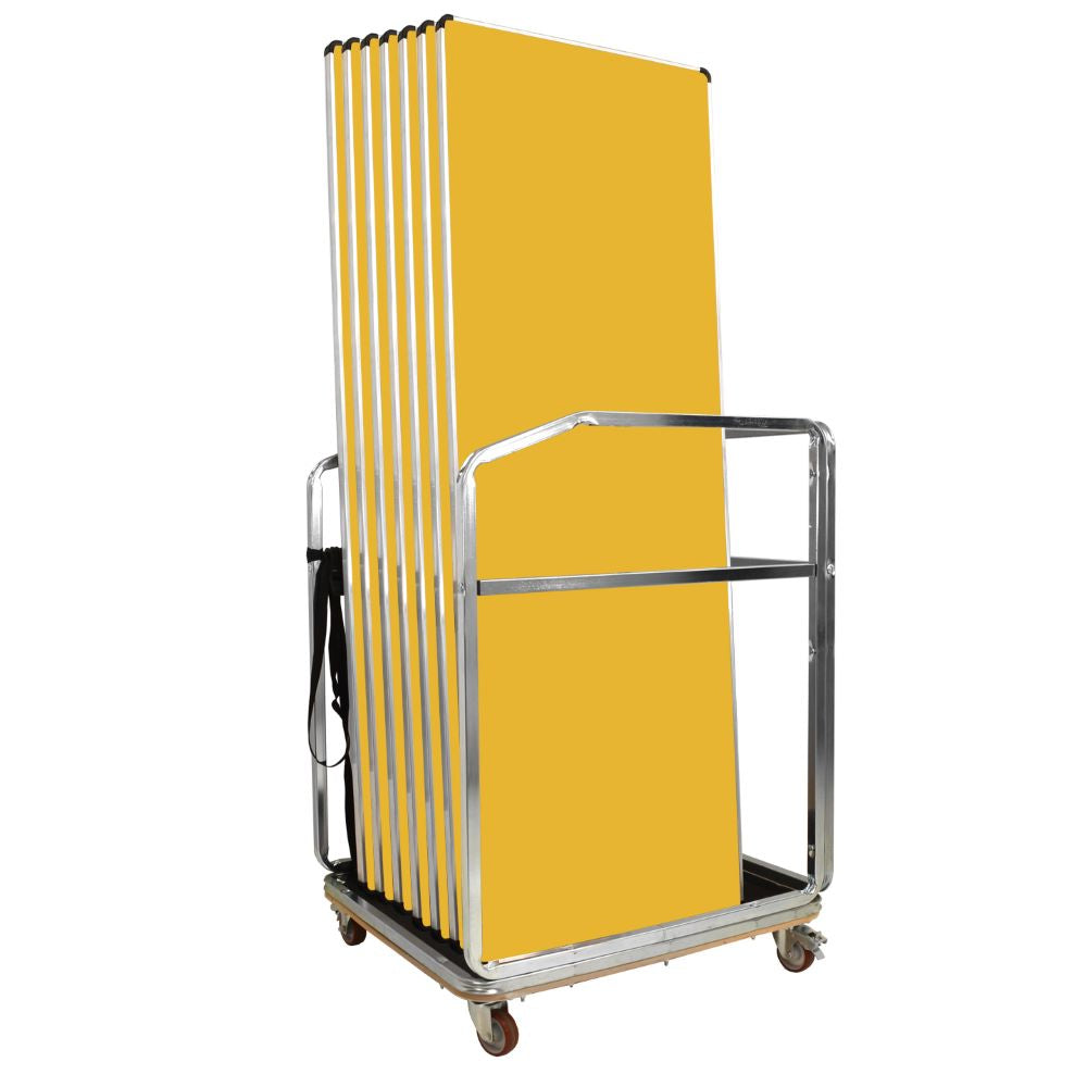 Yellow folding tables stored on a metal trolley on a white background