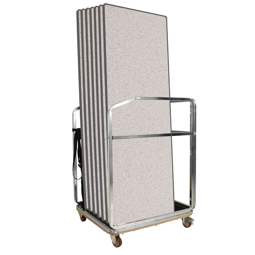 Metal trolley with folded grey tables on a white background