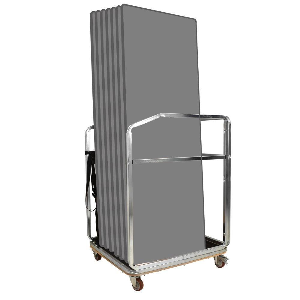 Metal trolley with grey folding tables on a white background