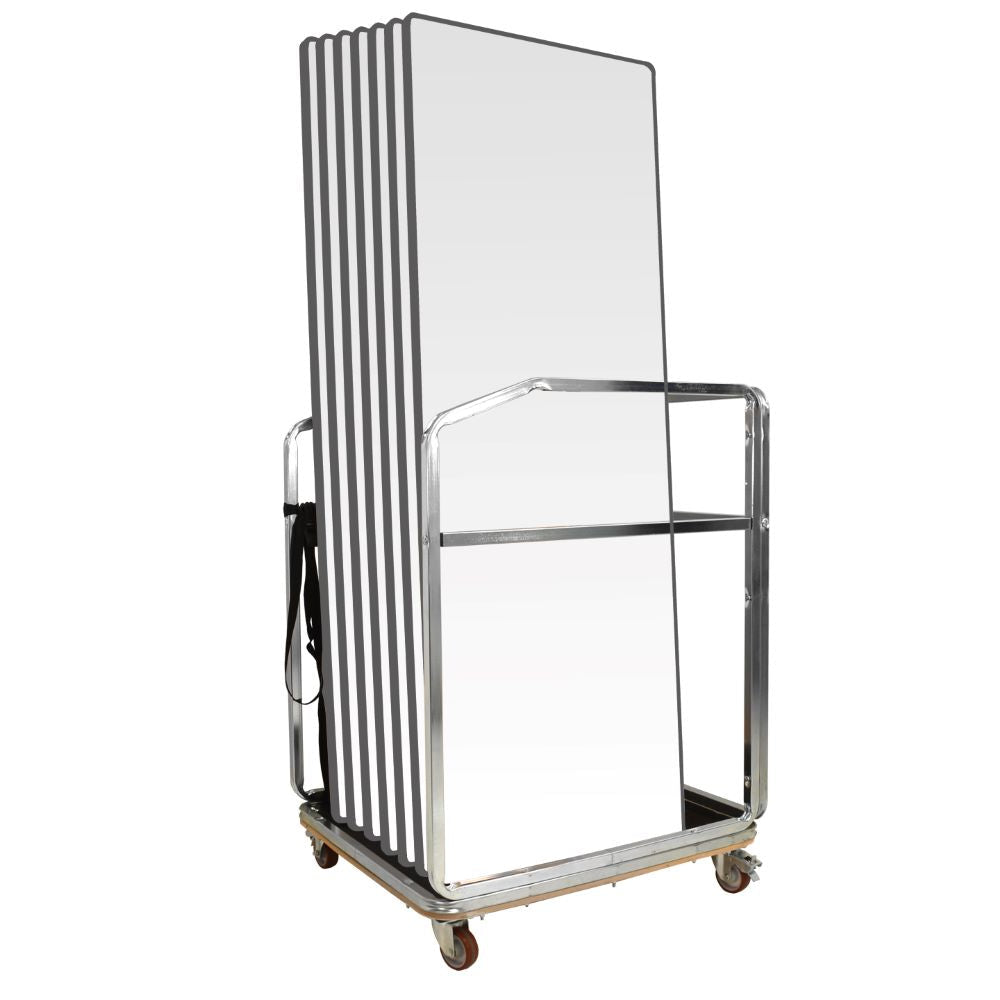 Metal trolley with white folding tables on a white background