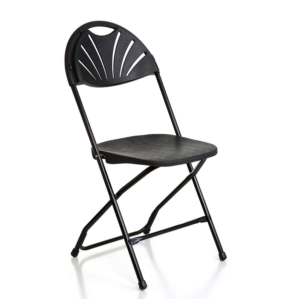 Classic Plus Folding Chair in Black – Front Angle View, Fan-Back Design