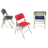 Comfort padded folding chairs in various colours.