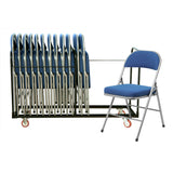 Folding chair with blue padded seat and back with chair trolley for storage.