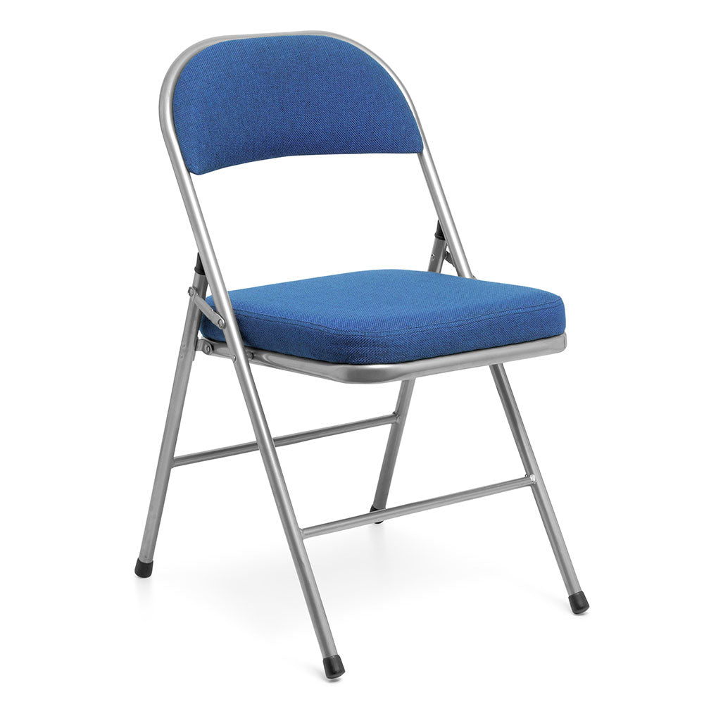 Blue Comfort Deluxe padded folding chair profile view.