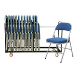 Blue padded folding chair with chair trolley.