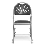 Metal folding chair with black vinyl seat pad and black plastic fan shaped back front profile.