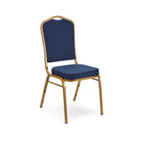 Banqueting chair with deeply padded seat, blue upholstery and gold frame.