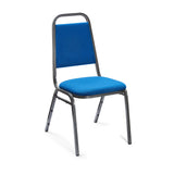 Banqueting chair with blue padded seat and back and silver frame.