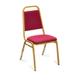 Banqueting chair with red upholstered seat and back and gold frame.