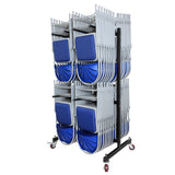 Double height hanging chair storage trolley loaded with blue metal folding chairs.