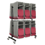 Double height chair storage trolley loaded with red plastic folding chairs.