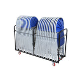 Upright chair storage trolley loaded with blue steel folding chairs.
