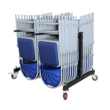 Steel chair storage trolley fully loaded with blue folding chairs. 