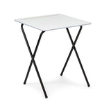 Folding exam desk with light grey wooden top and black folding legs.