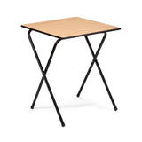 Wooden folding exam desk with black folding frame profile view.