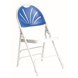 Prima Plus Steel Folding Chair with blue plastic fan shaped back profile view. 