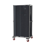 Black BigClassic Plastic Folding Chairs stacked on chair trolley.