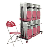Burgundy fan back plastic folding chairs on chair trolley.
