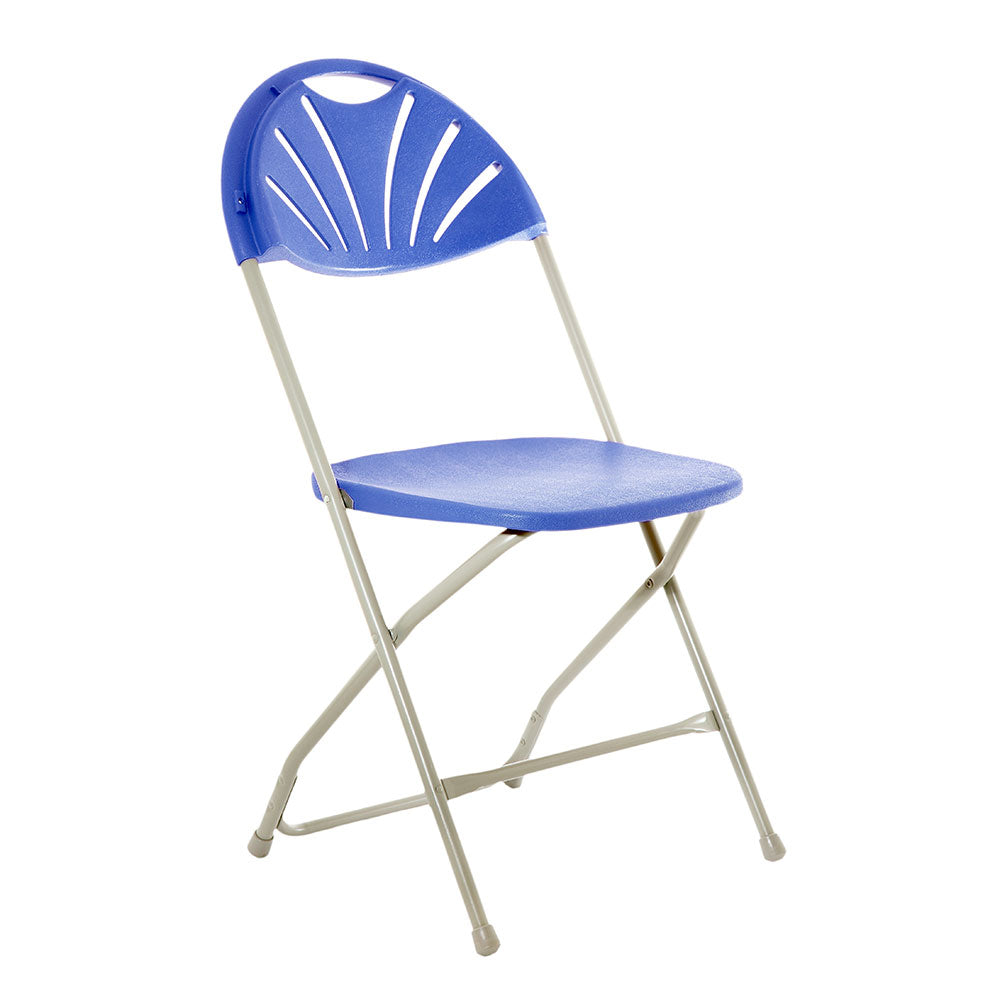 Blue fan back plastic folding chair profile view.
