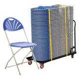 Blue fan back plastic folding chairs on chair trolley.