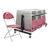 Burgundy fan back plastic folding chairs on chair trolley.