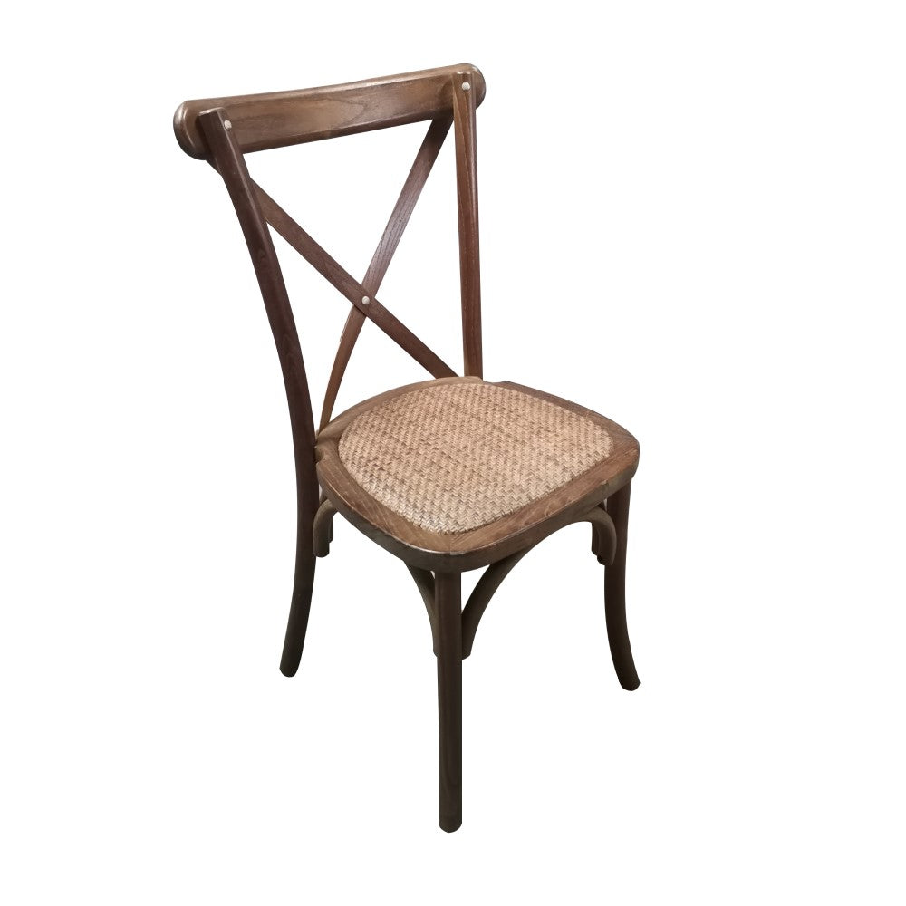 Crossback chair with a rustic finish and rattan seat.