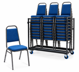 30 Essential blue fabric banqueting chairs with storage trolley