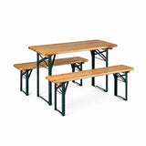 A rectangular picnic-style table with two matching benches, shown on a clean white background. The tabletops and bench tops are light natural wood, supported by dark green metal frame legs.