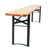 A wooden folding bench with a steel frame, featuring a natural wood finish and black legs, designed for outdoor use.