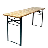A rectangular wooden folding beer garden table with a steel frame, featuring a natural wood finish and black powder-coated steel legs.