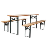 A folding beer table and bench set with a wooden tabletop and black steel frames, set against a white background.