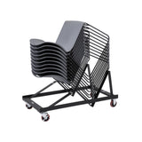 A black chair trolley with wheels, designed to store and transport stacked chairs.
