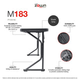 Zown M183 folding table features diagram showing tabletop construction, safety rings and frame details in English