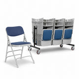 A single folding chair with a blue upholstered seat and back is shown beside a rolling rack holding multiple folded chairs of the same color and model, on a clean white studio background.