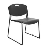 A black Novara stacking chair with a hard backrest and seat, resting on a black painted metal frame with a skid base.